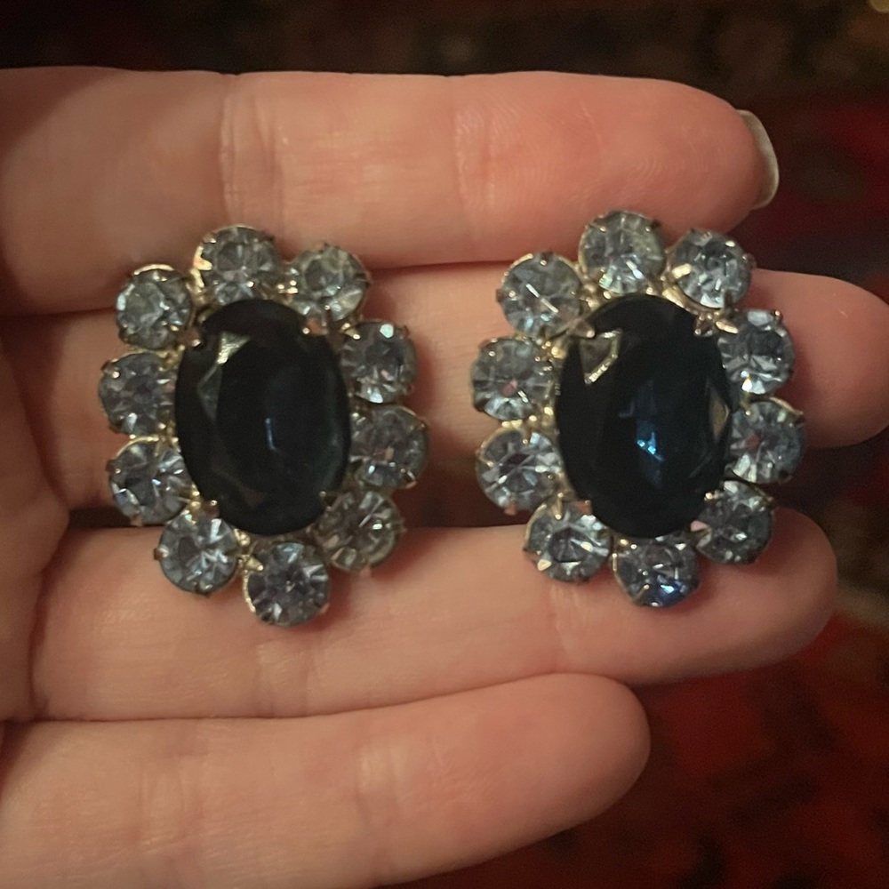 Vintage Deep Blue stone Clip Earrings with Light Blue stone Halo